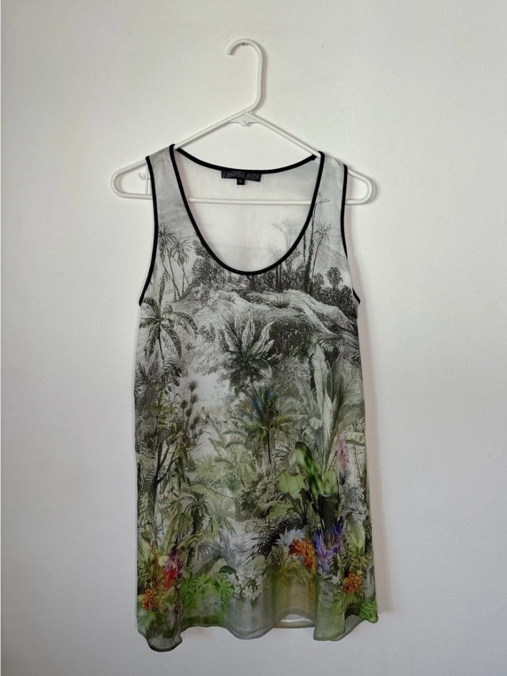 CAbi Tropical Print Sheer Tank Top - Green Multi with Black Trim